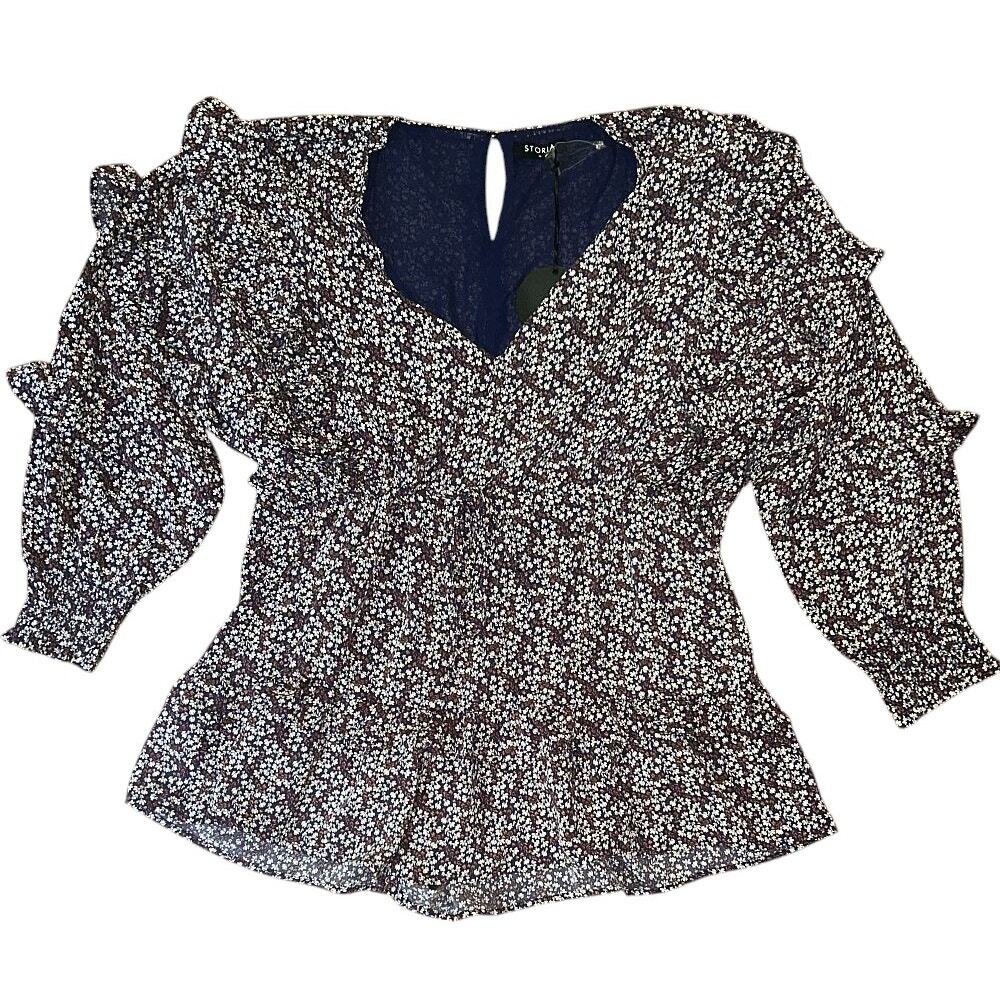 NWT Storia Blue & Brown Floral Lined Long Sleeve Ruffled Mini Dress Medium